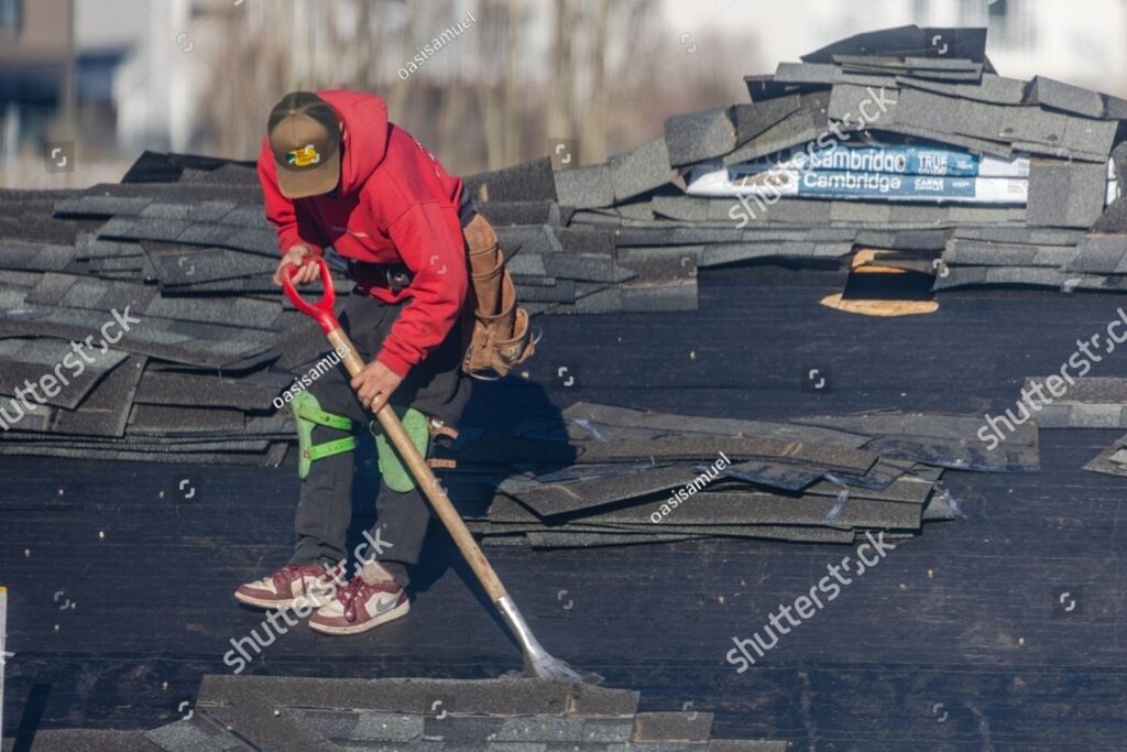 imgi 1 stock photo calgary alberta canada apr a roofer in a red hoodie and cap uses a shingle remover on 2619862149
